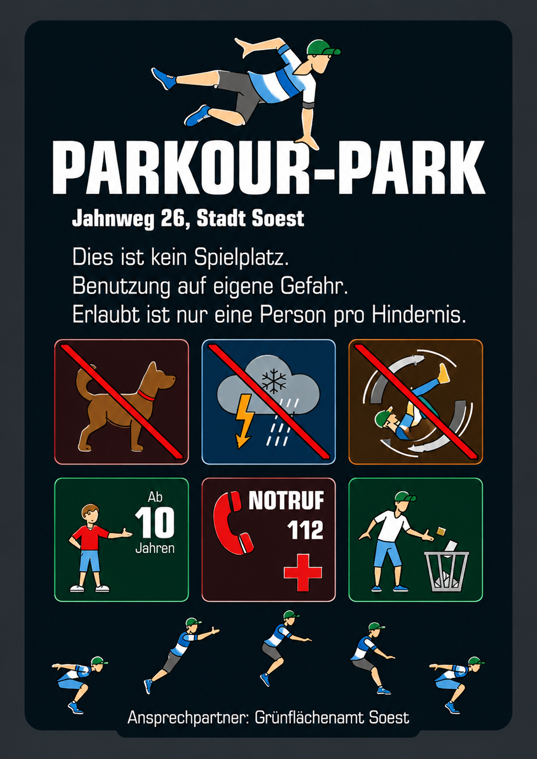 Hinweisschild für einen Parkour-Park mit Nutzungsregeln und Sicherheitshinweisen.